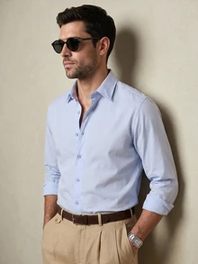 Lornavo Men's Cotton Casual Modest Versatile Solid Color Long Sleeve Turn-Down Collar Shirt Teachers' Day Graduation Office Vacation Workout Light Blue Summer - Light Grey - View 3