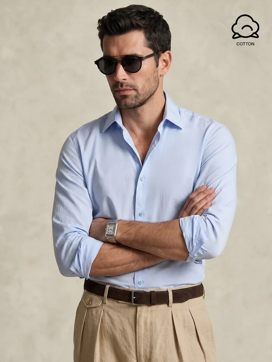 Lornavo Men's Cotton Casual Modest Versatile Solid Color Long Sleeve Turn-Down Collar Shirt Teachers' Day Graduation Office Vacation Workout Light Blue Summer - Light Grey - View 1