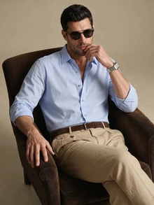 Lornavo Men's Cotton Casual Modest Versatile Solid Color Long Sleeve Turn-Down Collar Shirt Teachers' Day Graduation Office Vacation Workout Light Blue Summer - Light Grey - View 6