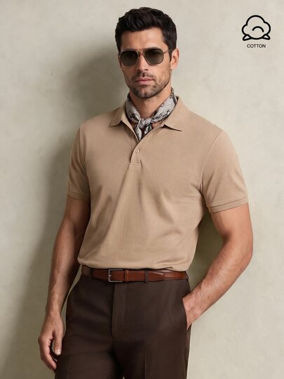 Lornavo Camisa polo de manga corta con media tapeta de botones color caqui para hombre