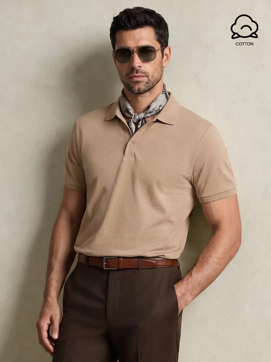 Lornavo Men's High Cotton Content Soft And Comfortable Khaki Button Half-Placket Short Sleeve Polo Shirt Birthday Office Vacation Workout Summer Casual Modest - Khaki - View 1