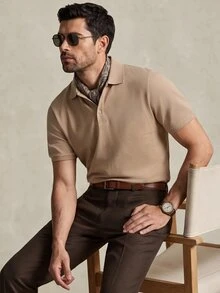 Lornavo Men's High Cotton Content Soft And Comfortable Khaki Button Half-Placket Short Sleeve Polo Shirt Birthday Office Vacation Workout Summer Casual Modest - Khaki - View 3