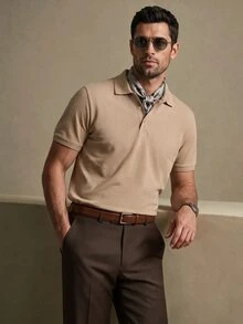 Lornavo Men's High Cotton Content Soft And Comfortable Khaki Button Half-Placket Short Sleeve Polo Shirt Birthday Office Vacation Workout Summer Casual Modest - Khaki - View 6