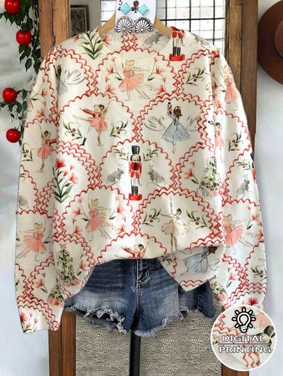 Linhara Plus Size Women's 2025 Christmas Nutcracker Print Knitted Pullover,White,Autumn,Cute,Everyday Ladies' Long-Sleeved Crew Neck Fashion Casual Sweater