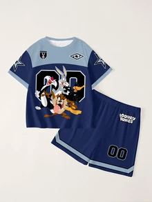 LOONEY TUNES X SHEIN Tween Boy Letter Cartoon Print Short Sleeve T-Shirt And Shorts Casual Daily Outfit Set - White - View 1