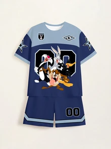 LOONEY TUNES X SHEIN Tween Boy Letter Cartoon Print Short Sleeve T-Shirt And Shorts Casual Daily Outfit Set - White - View 10