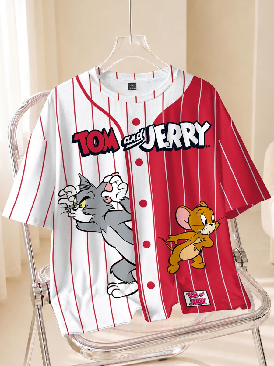 TOM & JERRY X SHEIN 男士大尺碼拼色條紋卡通印花T恤 - 白色 - 查看 1