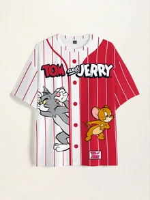 TOM & JERRY X SHEIN 男士大尺碼拼色條紋卡通印花T恤 - 白色 - 查看 3