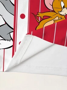 TOM & JERRY X SHEIN 男士大尺碼拼色條紋卡通印花T恤 - 白色 - 查看 7