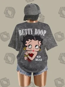 Betty Boop x SHEIN Plus Size Cartoon Figure Graphic Round Neck Short Sleeve T-Shirt - White - View 1