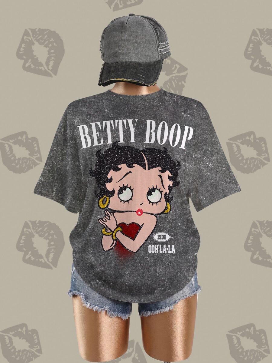Betty Boop x SHEIN Plus Size Cartoon Figure Graphic Round Neck Short Sleeve T-Shirt - White - View 1