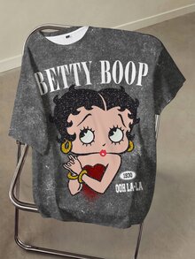 Betty Boop x SHEIN Plus Size Cartoon Figure Graphic Round Neck Short Sleeve T-Shirt - White - View 3