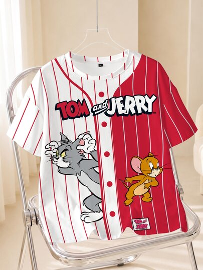TOM & JERRY X SHEIN Women's Summer Casual Colorblock Striped Cartoon Print T-Shirt