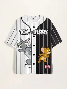 TOM & JERRY X SHEIN 男士大尺碼拼色條紋卡通印花T恤 - 白色 - 查看 3