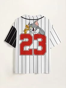 TOM & JERRY X SHEIN 男士大尺碼拼色條紋卡通印花T恤 - 白色 - 查看 4