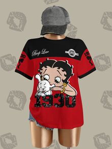 Betty Boop x SHEIN 女款字母卡通印花休閒日常短袖T恤 - 白色 - 查看 3