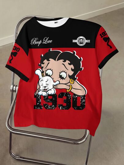 Betty Boop x SHEIN Women's Letter Cartoon Print Casual Everyday Short Sleeve T-Shirt