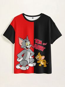 TOM & JERRY X SHEIN Kaos Wanita Kasual Musim Panas Motif Kartun Patchwork Blok Warna - Putih - View 7