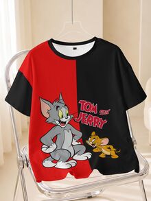 TOM & JERRY X SHEIN Kaos Wanita Kasual Musim Panas Motif Kartun Patchwork Blok Warna - Putih - View 1