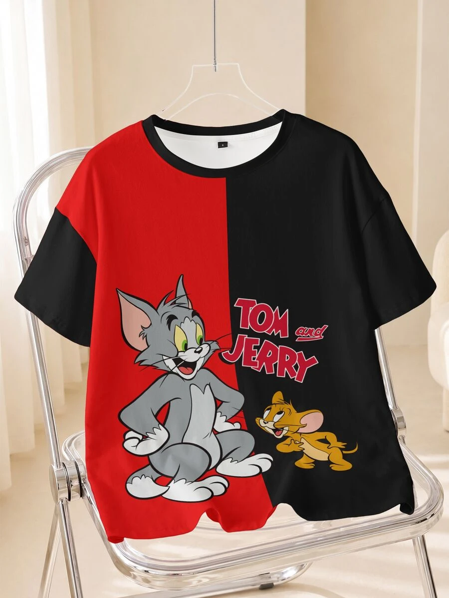 TOM & JERRY X SHEIN Kaos Wanita Kasual Musim Panas Motif Kartun Patchwork Blok Warna - Putih - View 1