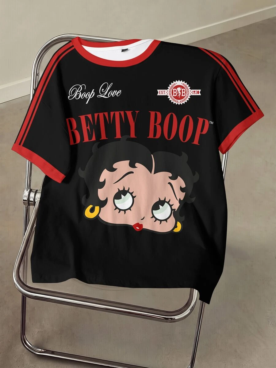 Betty Boop x SHEIN 女款夏季休閒卡通字母印花T恤 - 白色 - 查看 1