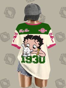 Betty Boop x SHEIN Áo thun ngắn tay phối màu họa tiết hoạt hình dành cho nữ cỡ lớn, phong cách thường ngày, thích hợp đi làm, dạo phố. - trắng - Xem 3