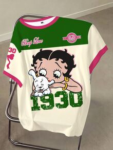 Betty Boop x SHEIN Áo thun ngắn tay phối màu họa tiết hoạt hình dành cho nữ cỡ lớn, phong cách thường ngày, thích hợp đi làm, dạo phố. - trắng - Xem 1