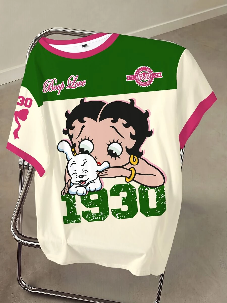 Betty Boop x SHEIN Áo thun ngắn tay phối màu họa tiết hoạt hình dành cho nữ cỡ lớn, phong cách thường ngày, thích hợp đi làm, dạo phố. - trắng - Xem 1
