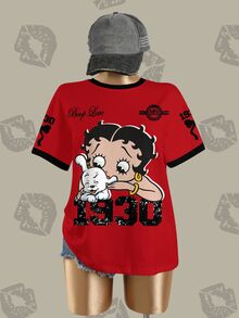 Betty Boop x SHEIN Damen T-Shirt mit Cartoon-Muster und kurzen Ärmeln - Weiss - Übersicht 3