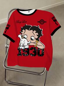 Betty Boop x SHEIN Damen T-Shirt mit Cartoon-Muster und kurzen Ärmeln - Weiss - Übersicht 1
