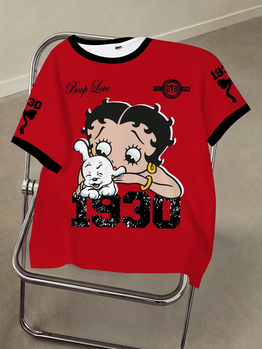 Betty Boop x SHEIN Damen T-Shirt mit Cartoon-Muster und kurzen Ärmeln - Weiss - Übersicht 1