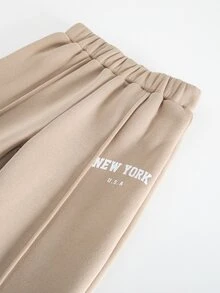 SHEIN 女童 2件組 抓絨運動衫與秋季長褲套裝，刺繡字母設計，適合戶外穿著 - 卡其色 - 查看 7