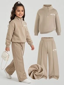 SHEIN 女童 2件組 抓絨運動衫與秋季長褲套裝，刺繡字母設計，適合戶外穿著 - 卡其色 - 查看 2