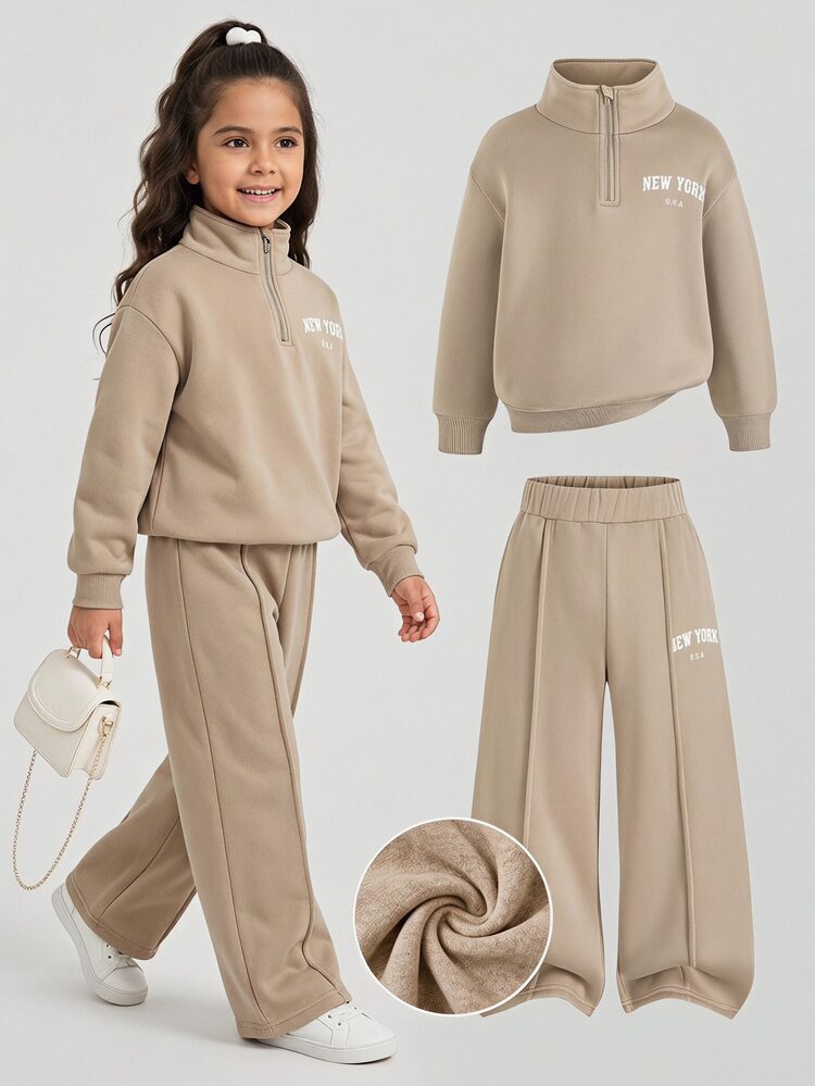 SHEIN Young Girl 2pcs Girl Young Girl Fleece Sweatshirt & Autumn Pants Set, Embroidered Letter Design, Suitable For Outdoor - Khaki - View 2