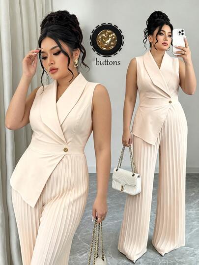 Elenzga Jumpsuit Wanita Ukuran Plus Elegan Minimalis untuk Perjalanan Santai, Liburan, Kencan Sehari-hari, Pesta, Perjamuan, Belanja, Modis, Warna Aprikot, Lipit, Kancing, Dekorasi