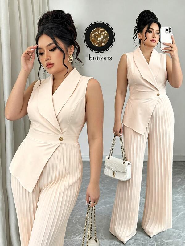 Elenzga Jumpsuit Wanita Ukuran Plus Elegan Minimalis untuk Perjalanan Santai, Liburan, Kencan Sehari-hari, Pesta, Perjamuan, Belanja, Modis, Warna Aprikot, Lipit, Kancing, Dekorasi