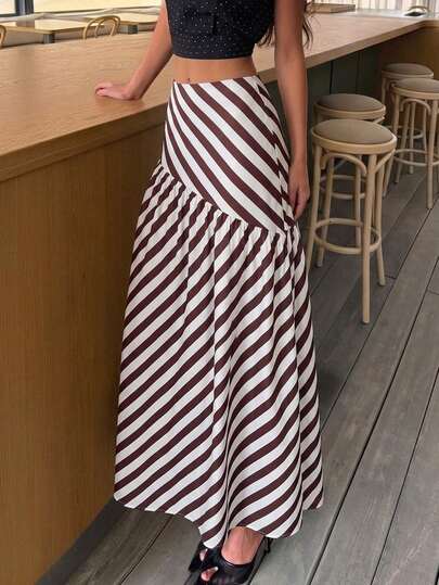 Siren Gaze Women's Fall Brown Striped  A-Line Maxi Dress-Casual Beach And Vacation Style For Picnic Brunch Autumn Sexy Cute, Stripe Skirt