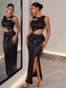 BamGleam Women's Solid Color Cutout Asymmetric Hem Cropped Top And Side Slit Fitted Skirt Sexy Fashion Set - Black - View 4