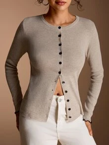 SHEIN BASICS Women's Solid Color Long Sleeve Single-Breasted Knit Cardigan - Camel - View 7