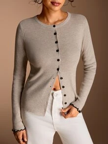 SHEIN BASICS Women's Solid Color Long Sleeve Single-Breasted Knit Cardigan - Camel - View 3