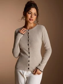SHEIN BASICS Women's Solid Color Long Sleeve Single-Breasted Knit Cardigan - Camel - View 6