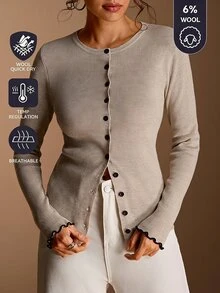 SHEIN BASICS Women's Solid Color Long Sleeve Single-Breasted Knit Cardigan - Camel - View 1