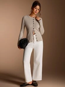 SHEIN BASICS Women's Solid Color Long Sleeve Single-Breasted Knit Cardigan - Camel - View 4