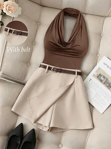 Franclia 2pcs Set: Casual Solid Color Pleated Halter Neck Top And Matching Black Skort With Belt - Brown - View 3