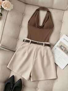 Franclia 2pcs Set: Casual Solid Color Pleated Halter Neck Top And Matching Black Skort With Belt - Brown - View 2