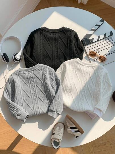 SHEIN 3 قطع/مجموعة بلوزة رياضية محبوكة بنسيج أساسي كاجوال للجنسين للأطفال الصبيان، ملابس أطفال محايدة للخريف/الشتاء، مناسبة للاستخدام الداخلي/الخارجي، الخروجات الخريفية، ملابس المدرسة