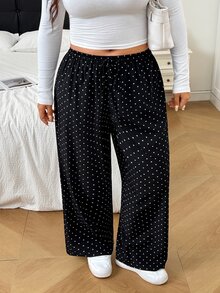 SHEIN EZwear 大尺碼女款波點休閒百搭寬腿褲，適合日常穿著 - 黑色 - 查看 4