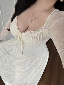 Vibekara 大尺碼杏色女款方領心形領優雅復古甜美3D提花百褶收腰A字洋裝，適合度假、派對、雞尾酒會與活動 - 杏色 - 查看 4