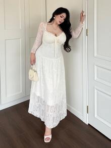 Vibekara 大尺碼杏色女款方領心形領優雅復古甜美3D提花百褶收腰A字洋裝，適合度假、派對、雞尾酒會與活動 - 杏色 - 查看 5