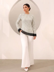 Graceveil 女款白色與黑色波點蕾絲拼接修身百搭日常辦公教師節襯衫，秋季優雅 - 杏色 - 查看 8